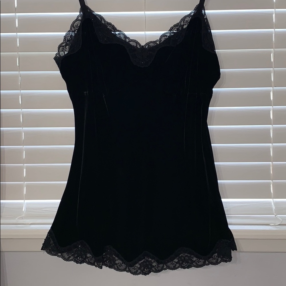 Black velvet tank top with lace and sequins trim